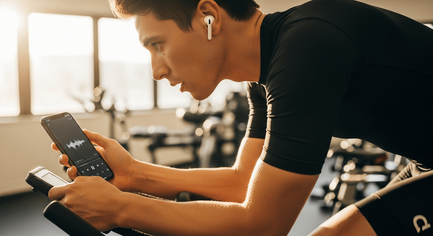 Indoor cyclist wearing wireless earbud, holding phone with music playlist while riding with focused intensity.