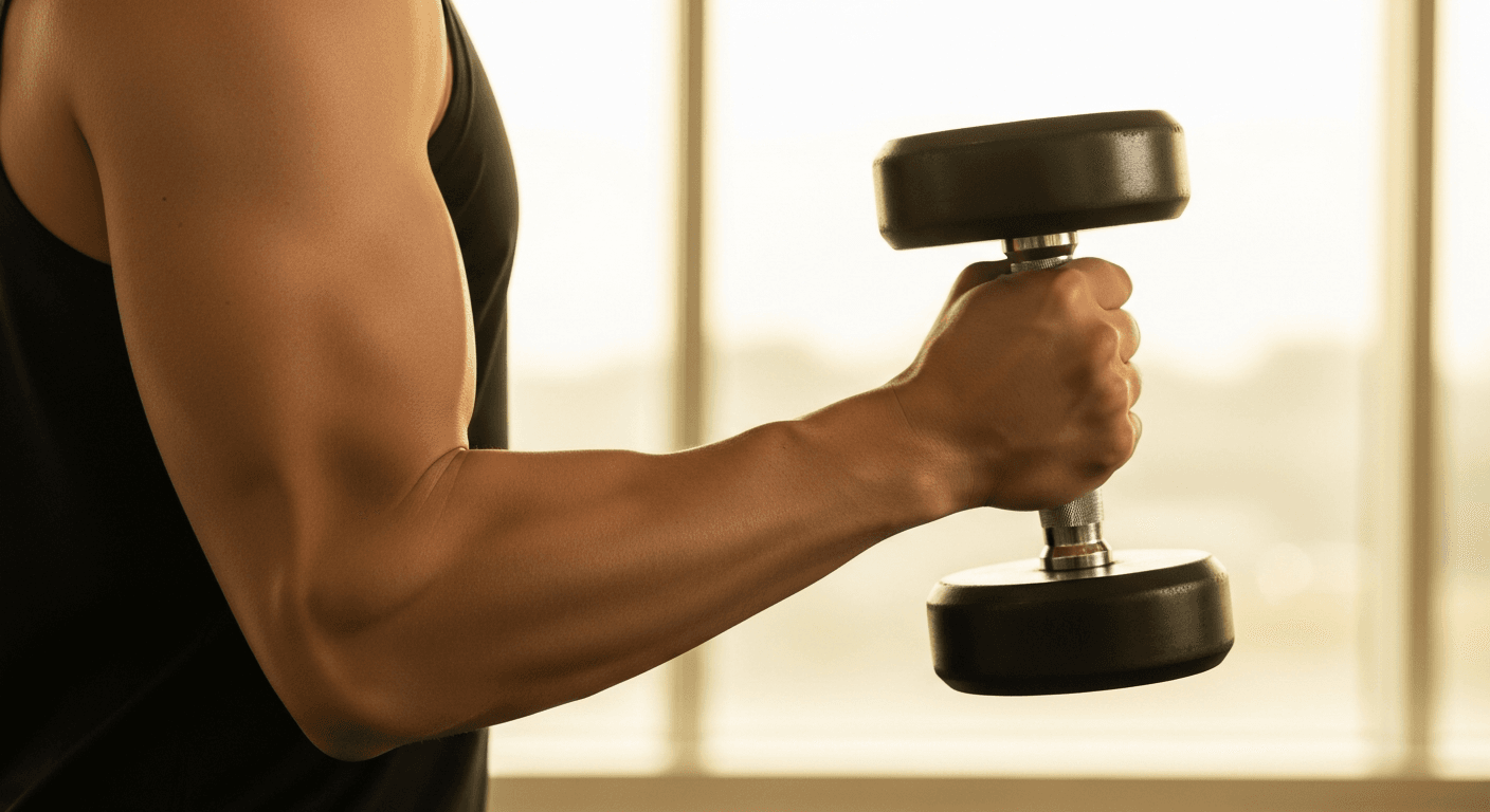 Close-up of a man's arm performing a controlled slow dumbbell curl with visible muscle tension.