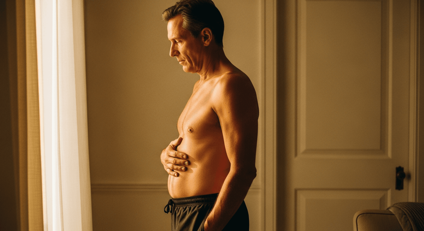 Middle-aged man in profile with hand on abdomen, bathed in warm golden light against a cream background.