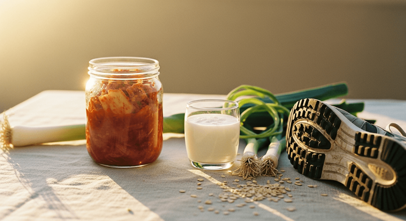 Fermented kimchi, kefir, and prebiotic fibers arranged beside a running shoe on a warm cream background.