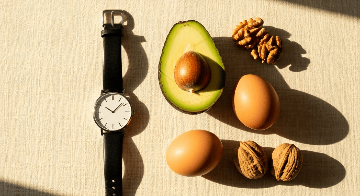 An analog watch beside whole foods like avocado, eggs, and walnuts on a warm cream surface in soft golden light.