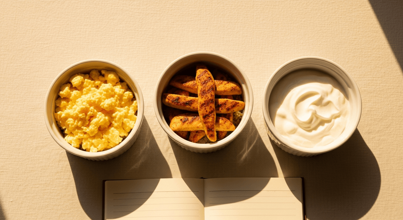 Three white ceramic bowls with eggs, chicken, and Greek yogurt on a cream surface with a portion-tracking notepad.