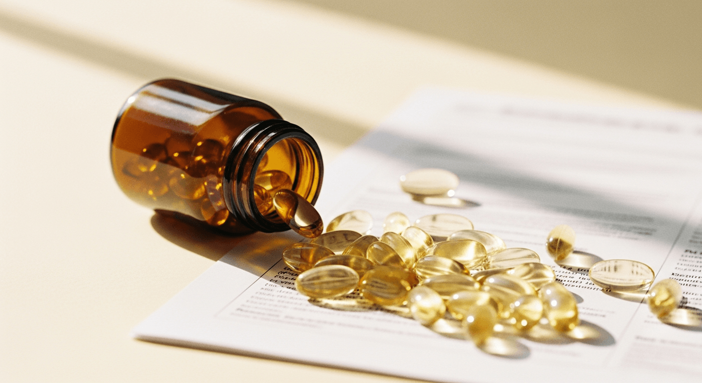 Amber supplement bottle tipped over with translucent gel capsules scattered across a warm cream surface.