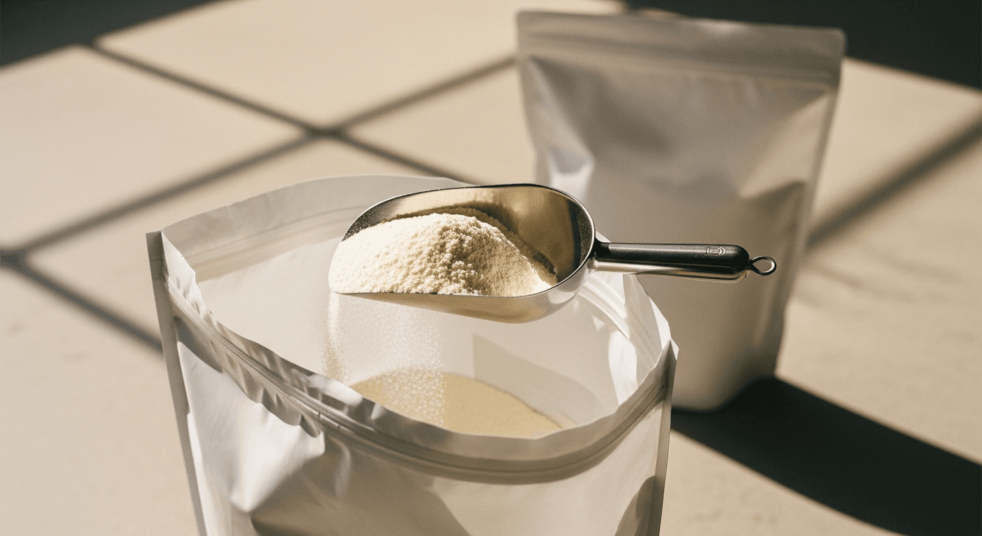 Stainless steel scoop resting on an open bag of bulk white whey protein powder in a warehouse setting.