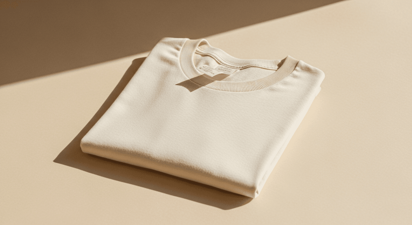 Folded white cotton t-shirt with care tag in sharp focus, casting a defined shadow under warm natural light.