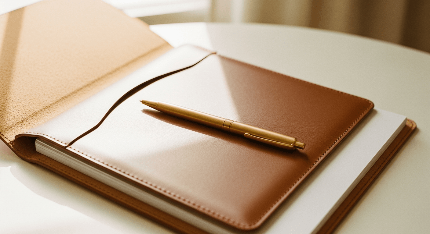 Premium leather portfolio with gold pen resting across its cover, bathed in warm natural golden light.