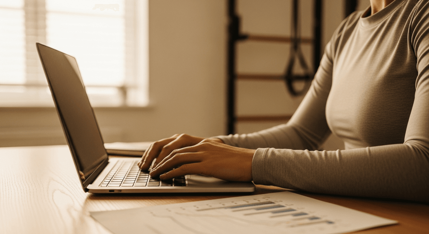 A personal trainer at a home studio desk with an upward-sloping growth graph in warm natural light.