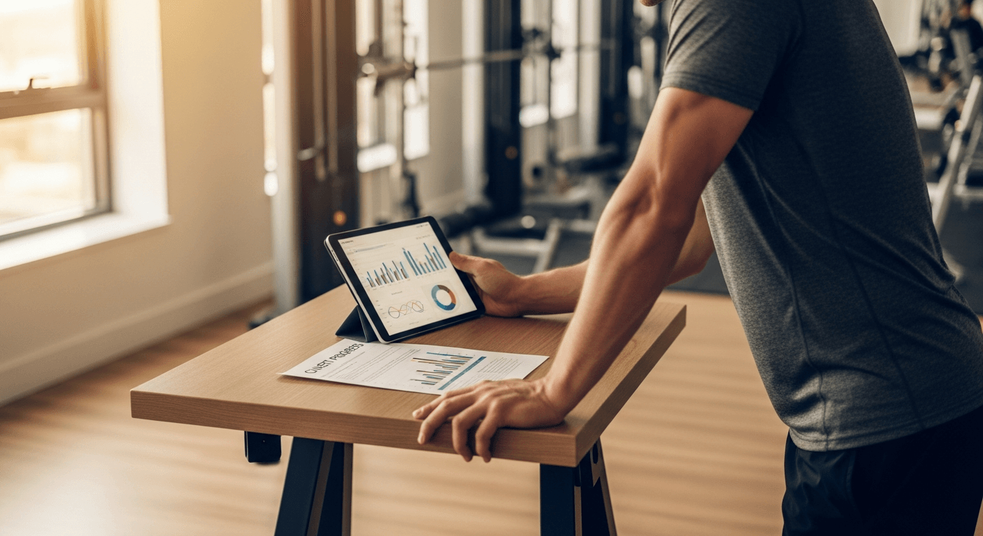 A personal trainer reviews a tablet and printed progress sheet at a studio table in warm, diffused golden light.
