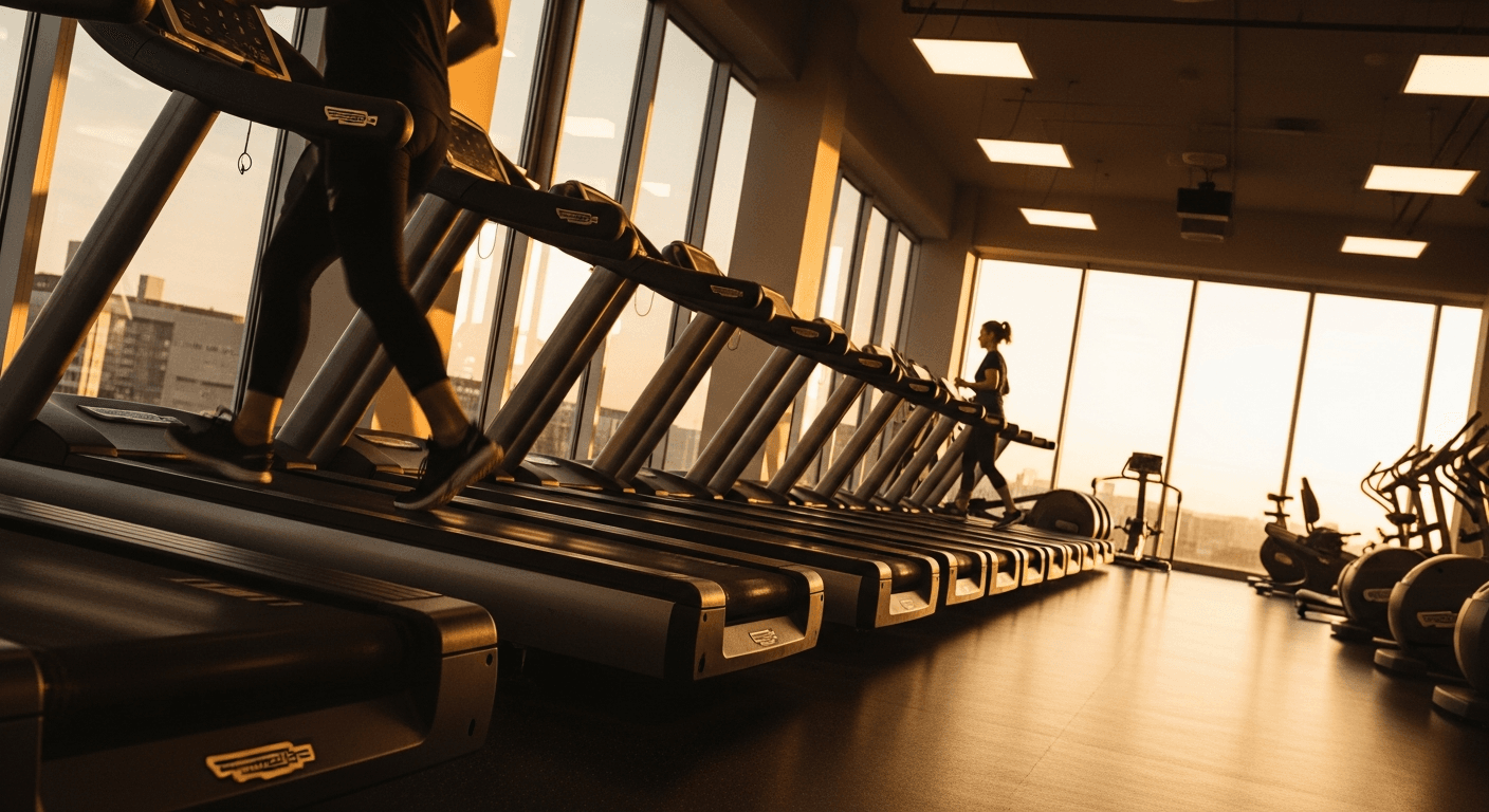 Low-angle view of a modern gym floor with rows of treadmills bathed in warm natural golden-hour light.