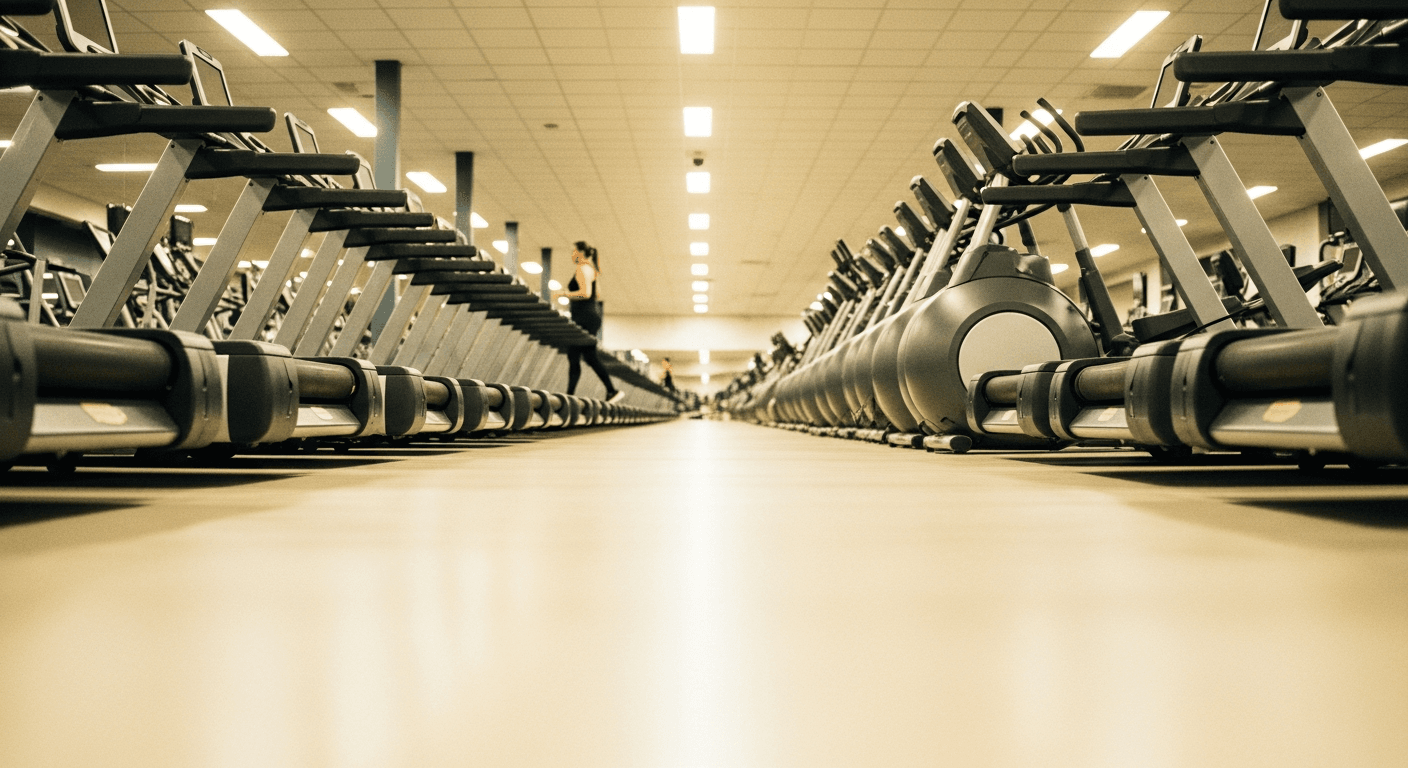 Wide view of a budget gym floor with rows of treadmills and one runner in warm, ambient light.