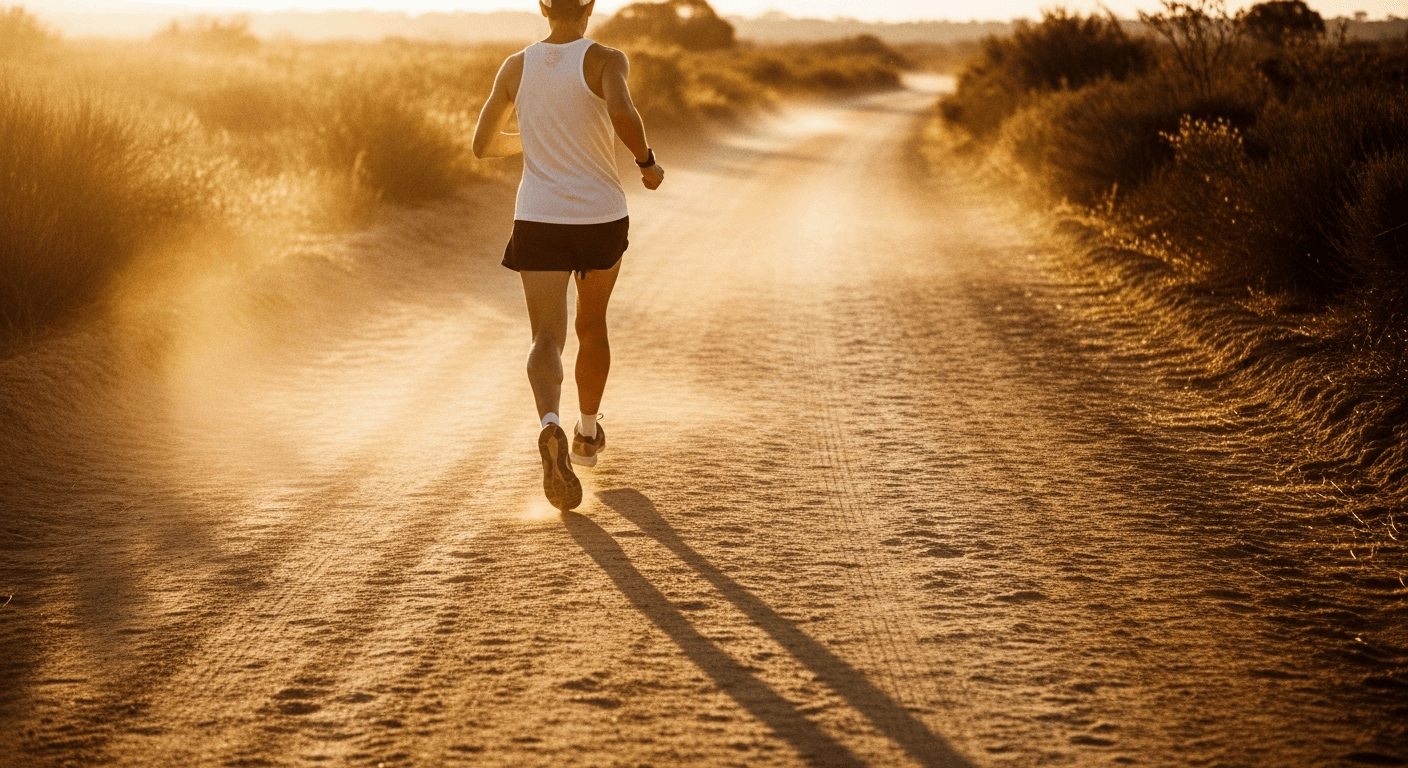 A runner viewed from behind mid-stride on a sun-bleached trail during golden-hour light.