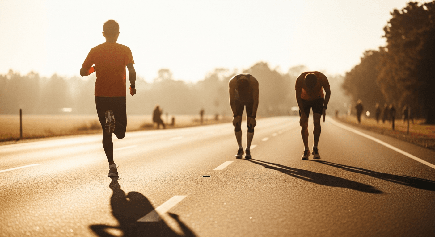 A fresh runner with powerful form passes two fatigued runners in the final stretch of a road race.