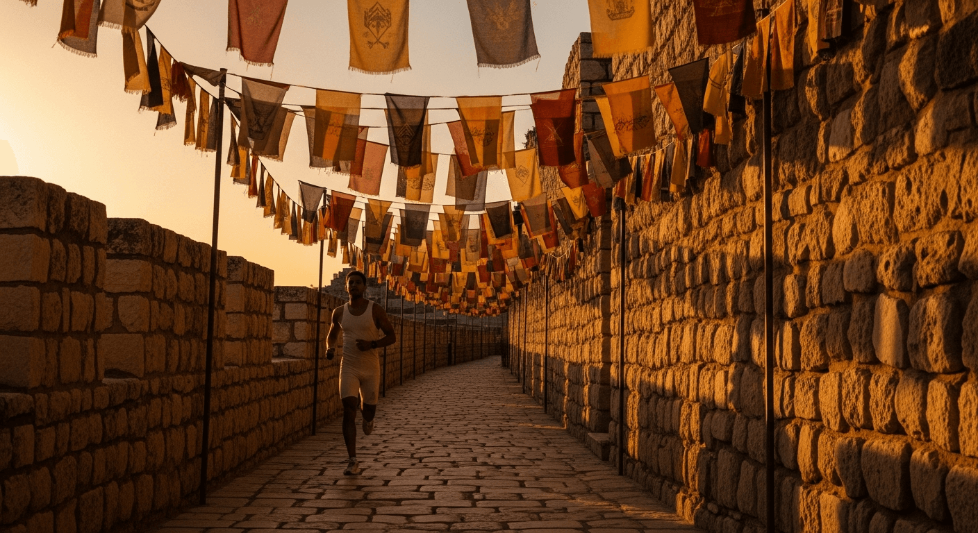 A lone runner strides through a stone corridor lined with small flags in warm golden-hour light.