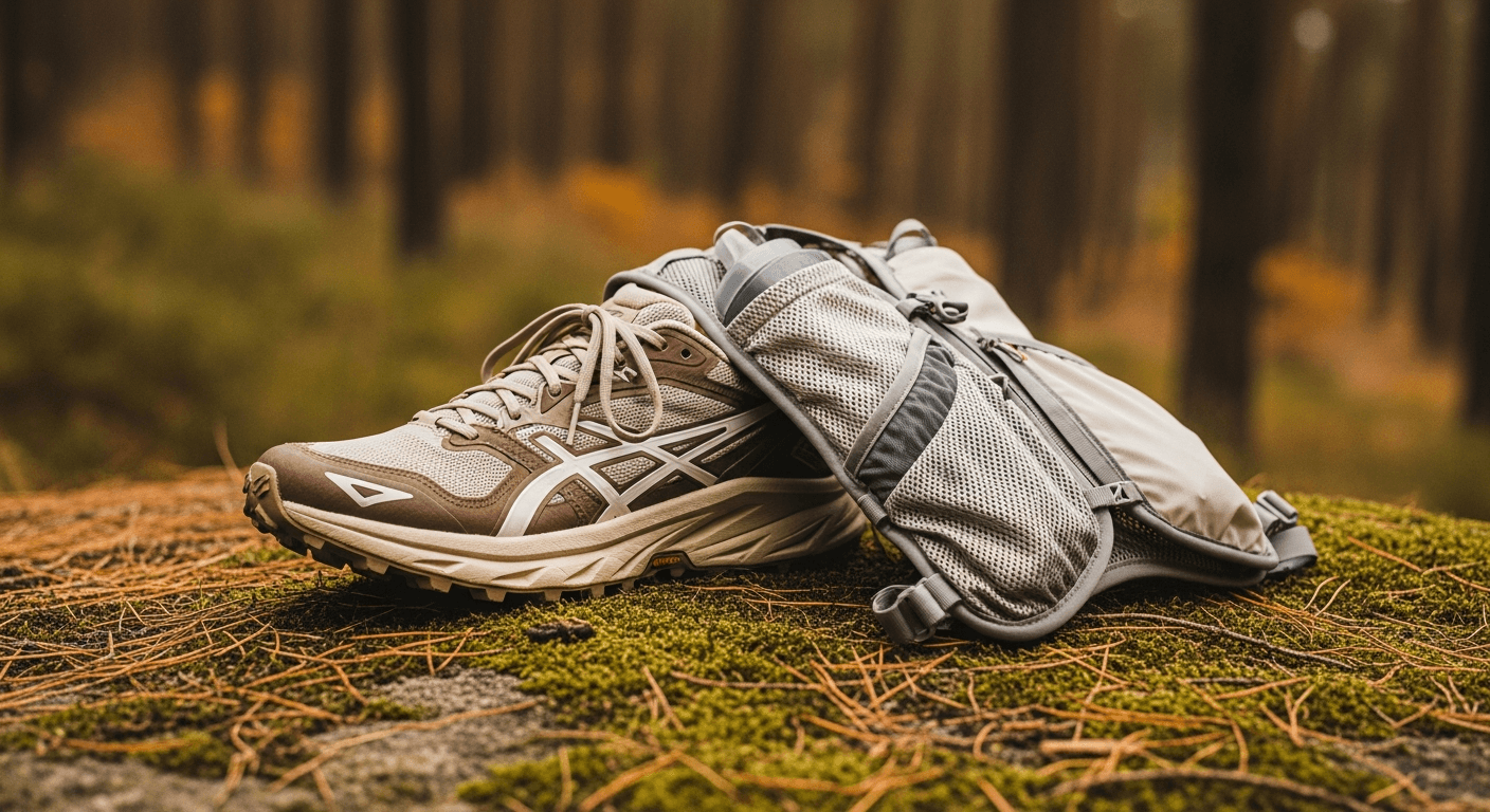 Trail running shoe and hydration vest resting on a mossy rock in a pine forest.
