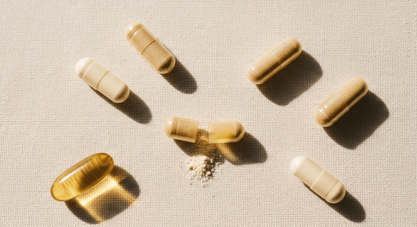 Assorted supplement capsules and tablets in earthy tones scattered on cream linen with fine powder spilled.