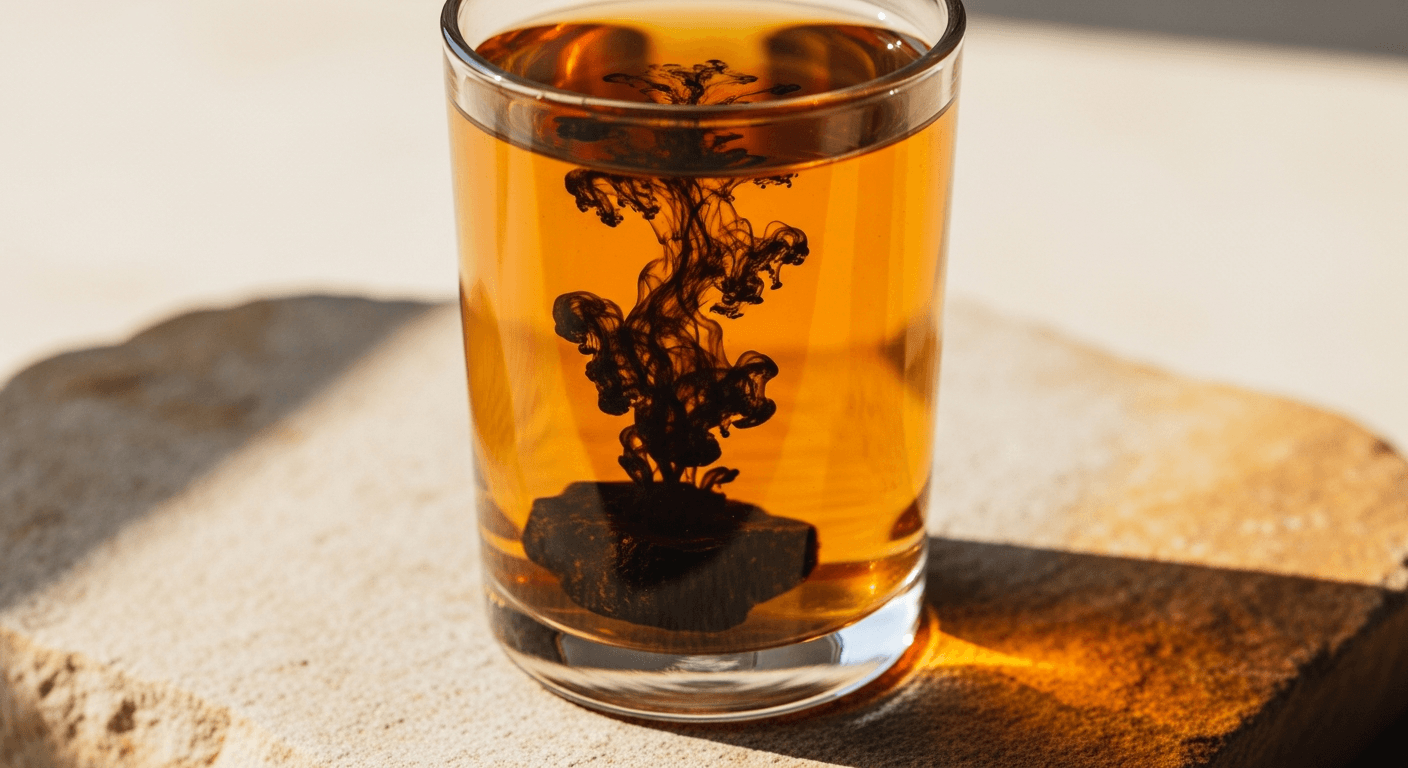 A glass of amber water with dissolving shilajit resin on a warm stone surface in golden light.