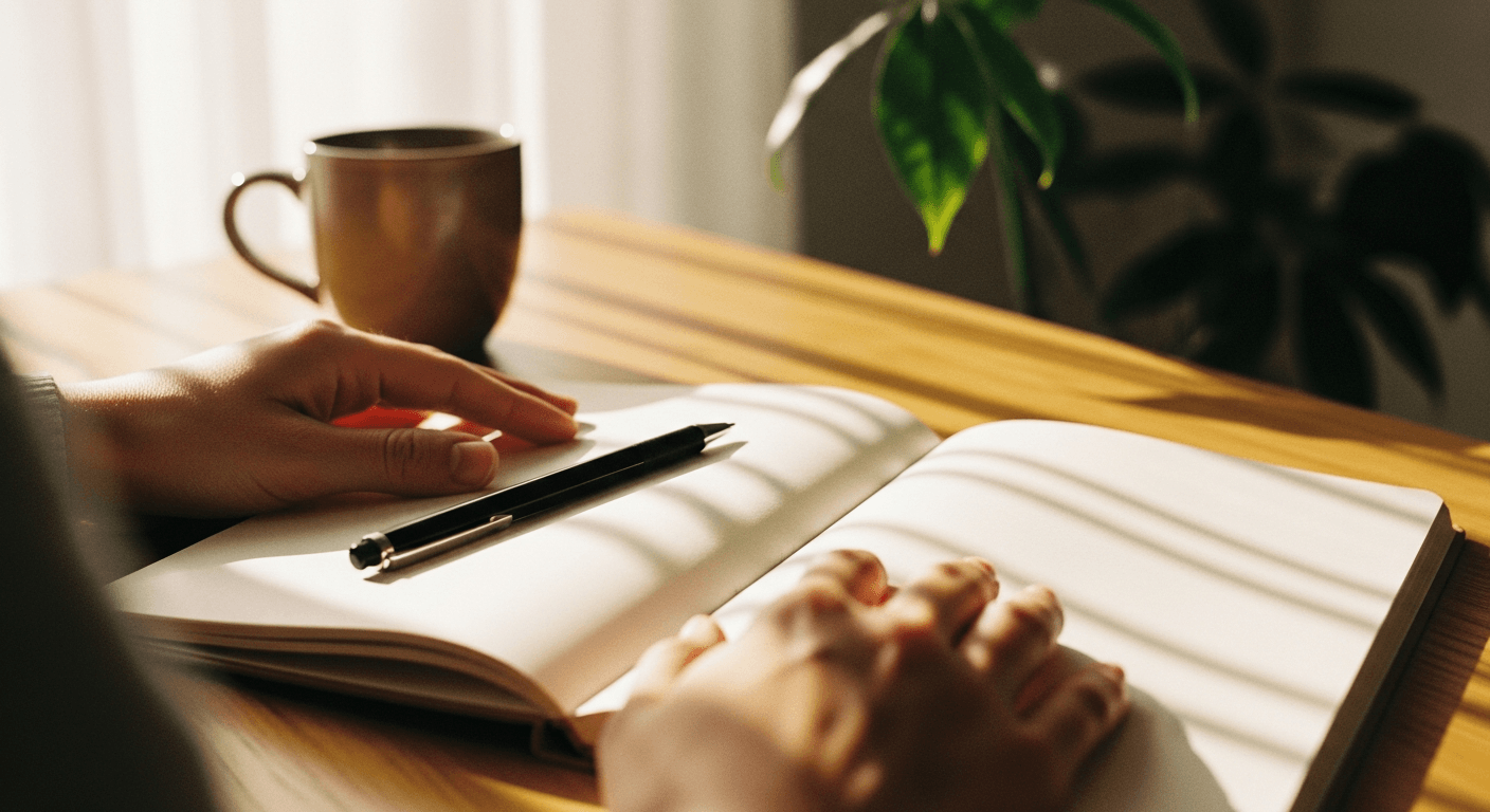 An open hand rests on a blank journal page with a tea mug and plant softly blurred in warm morning light.