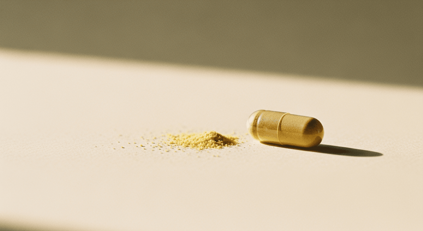 A single amber supplement capsule rests on a warm cream surface with pale yellow powder nearby.