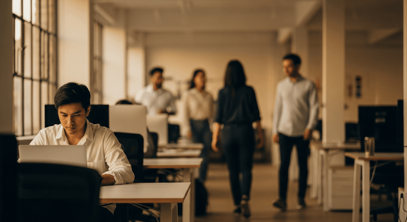 A motionless employee stares blankly at their desk while colleagues work around them in soft golden office light.