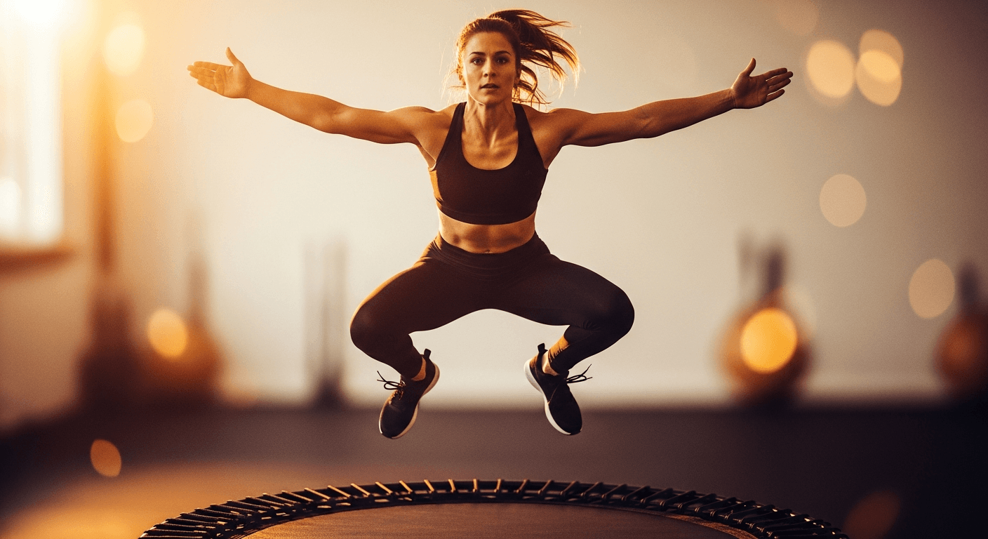 Female athlete mid-bounce on trampoline with arms extended, focused expression, warm studio lighting.