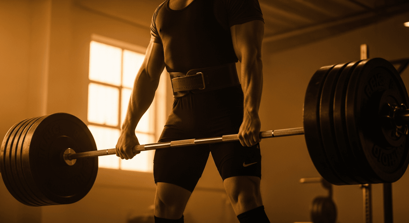 A powerlifter locks out a heavy barbell at the top of a deadlift in warm golden gym light.