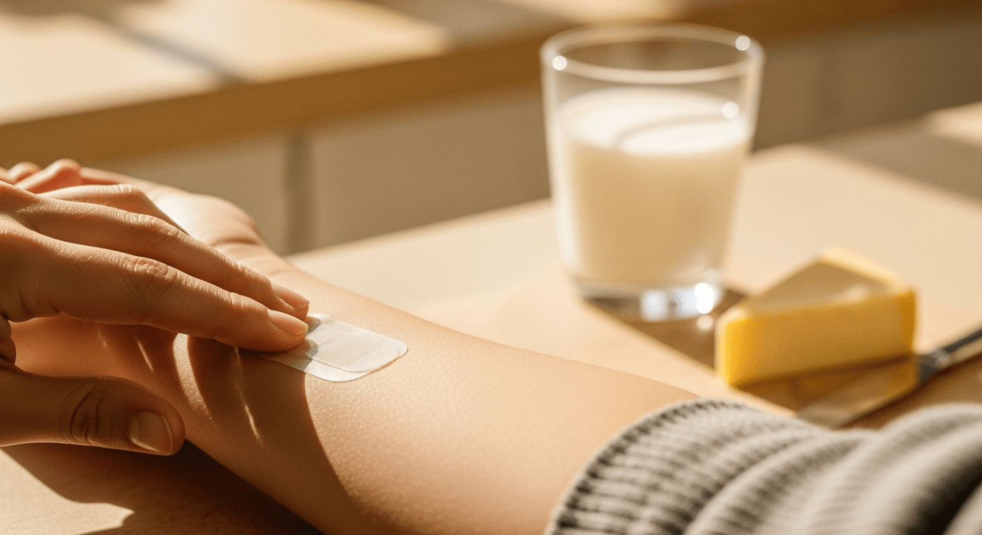 A translucent patch being applied to a forearm with blurred milk and cheese in the background.