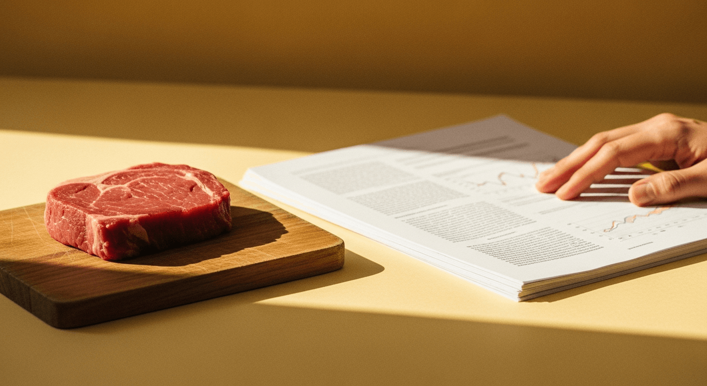 Researcher's hand beside blurred scientific documents and raw meat on wooden board in warm golden light.
