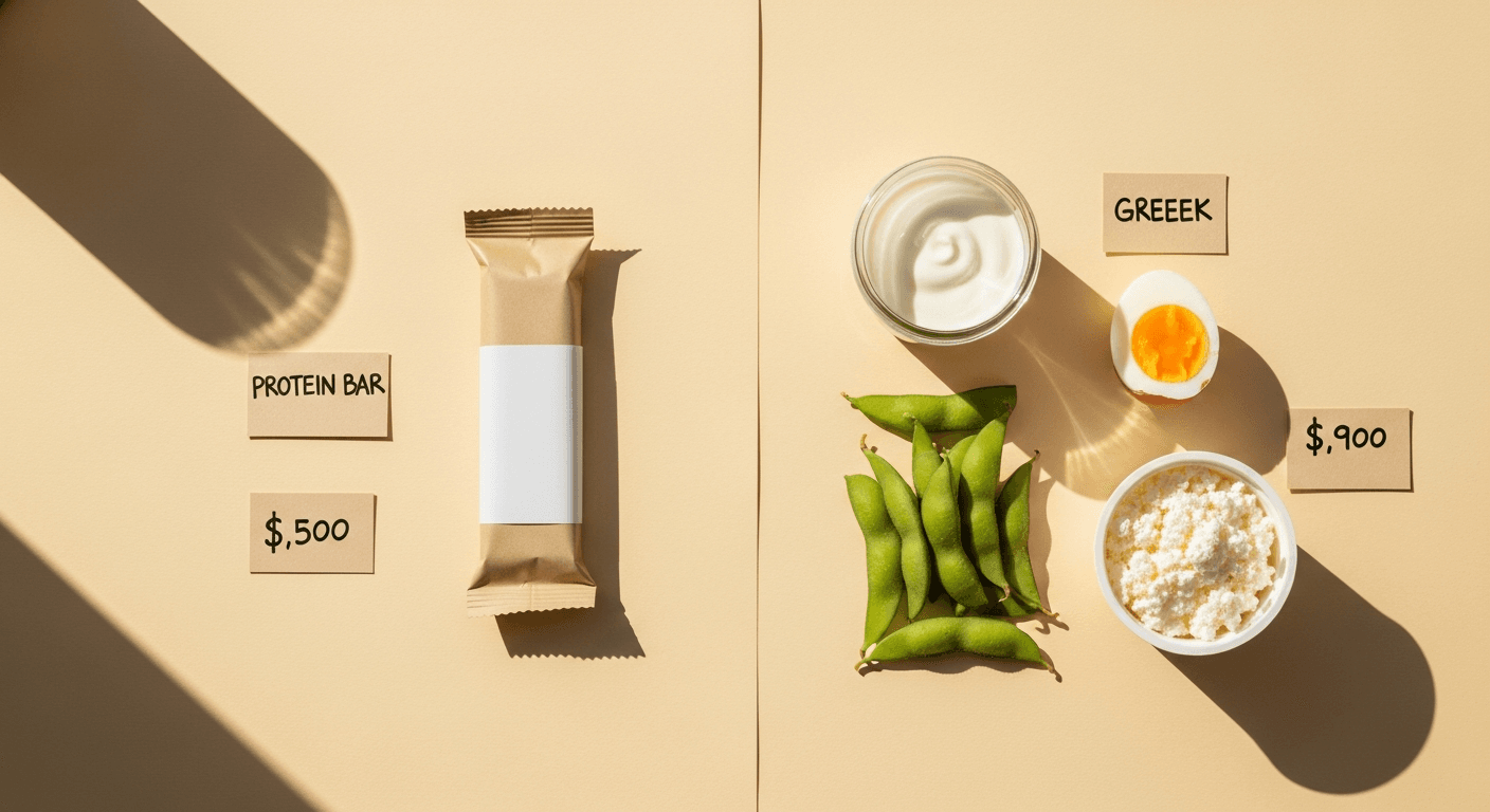 Flat-lay comparison of a commercial protein bar versus affordable whole-food alternatives like yogurt, eggs, and edamame on a warm cream surface.