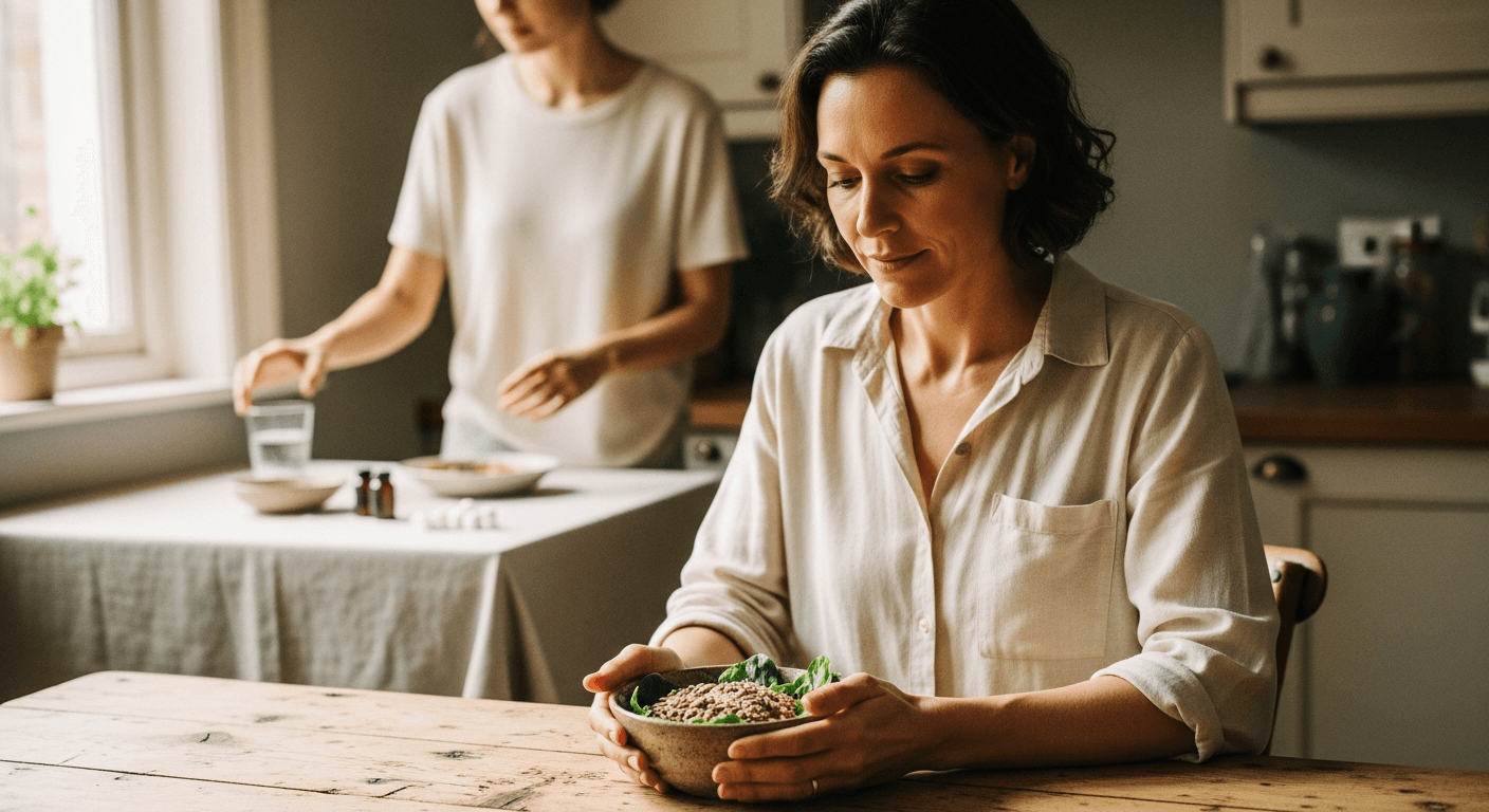 Middle-aged woman thoughtfully examines a bowl of seeds and greens in morning light while a younger woman reaches for supplements in the background.