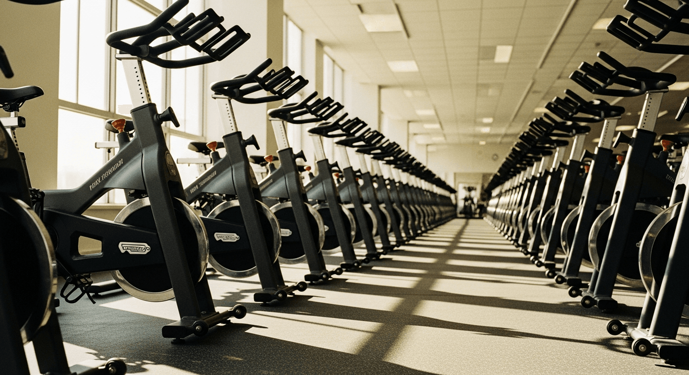 Row of identical stationary bikes stretching diagonally across a corporate gym floor lit by warm golden daylight.