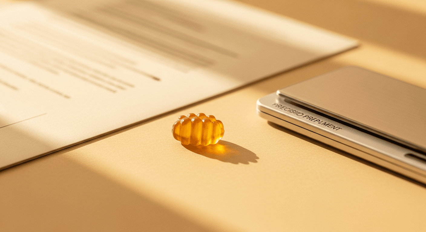 Macro photograph of an amber gummy supplement beside a cream document and precision scale in warm golden light.