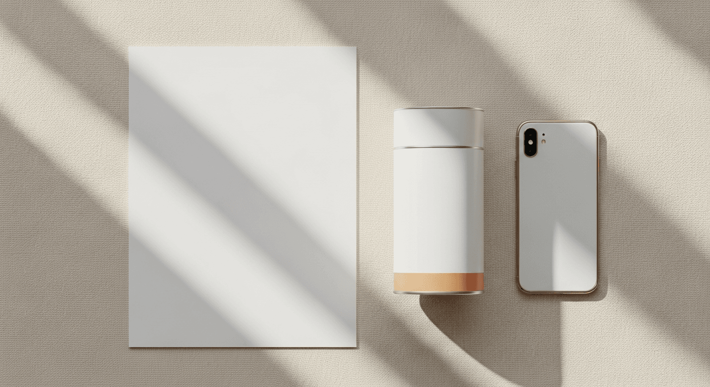 Overhead flat-lay of a blank document, frosted supplement canister, and face-down phone on warm cream linen surface.