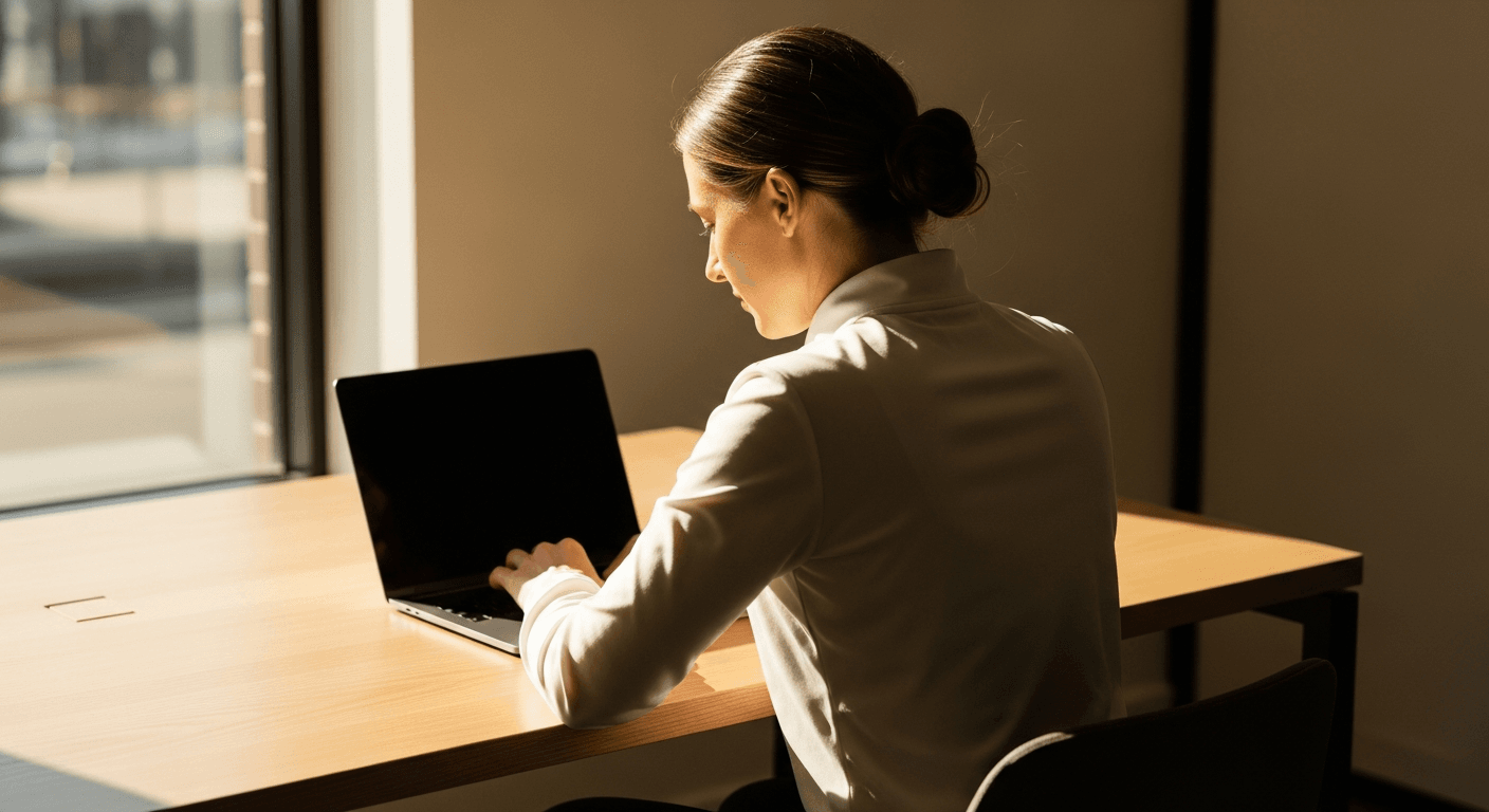 A focused professional coach reviews data at her light oak desk, bathed in warm golden natural light from a window.