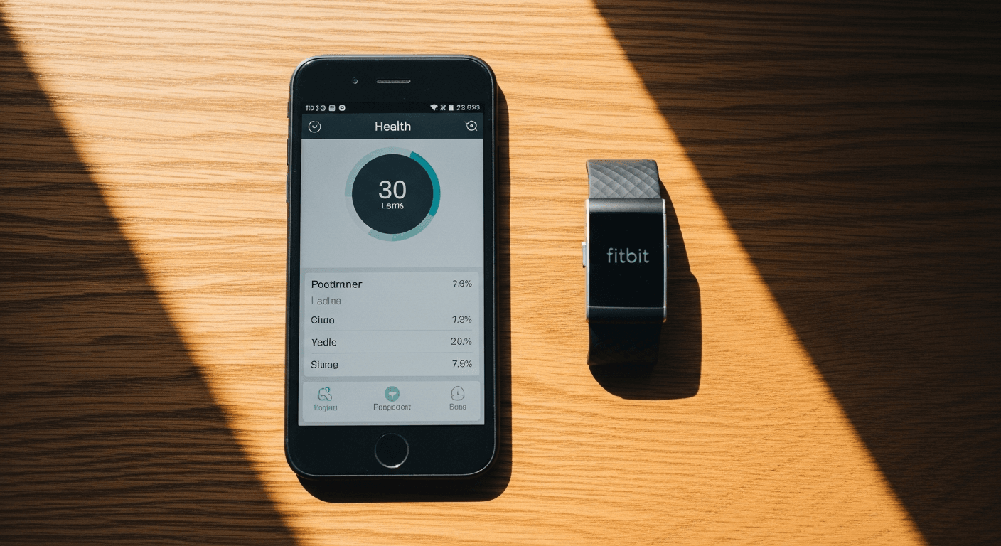 A powered-off Fitbit on the left and a smartphone with health dashboard on the right on a wooden surface.