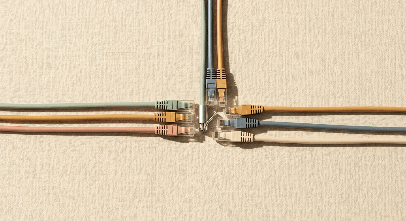 Five colored ethernet cables converging into a strained central hub, symbolizing platform consolidation risks for coaches.