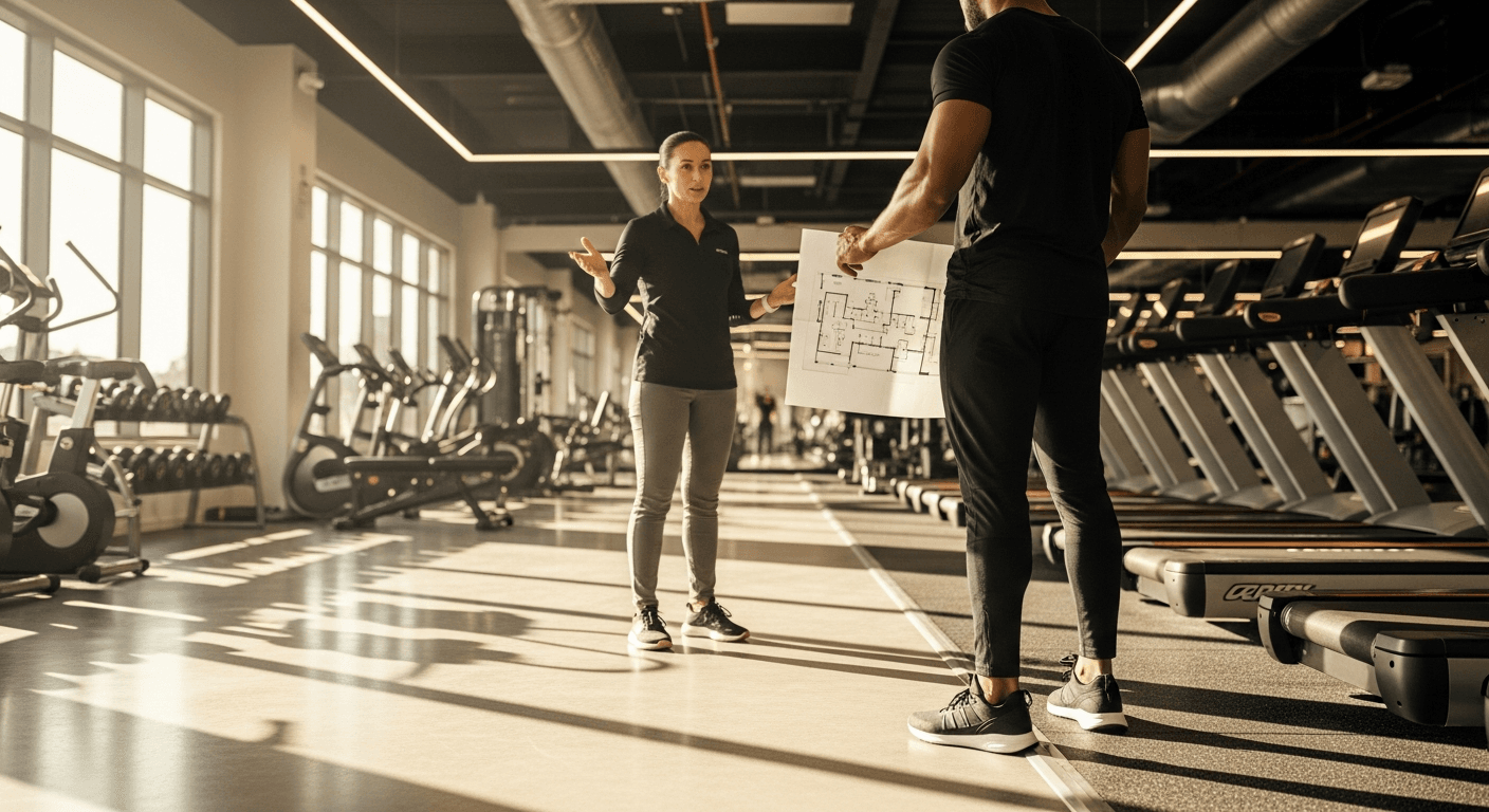Athlete in athletic wear reviewing an architectural floor plan in a modern gym lit by warm golden daylight.