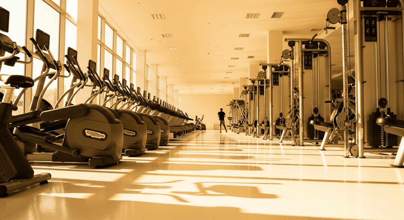 A spacious modern gym floor with rows of cardio equipment bathed in warm golden light.