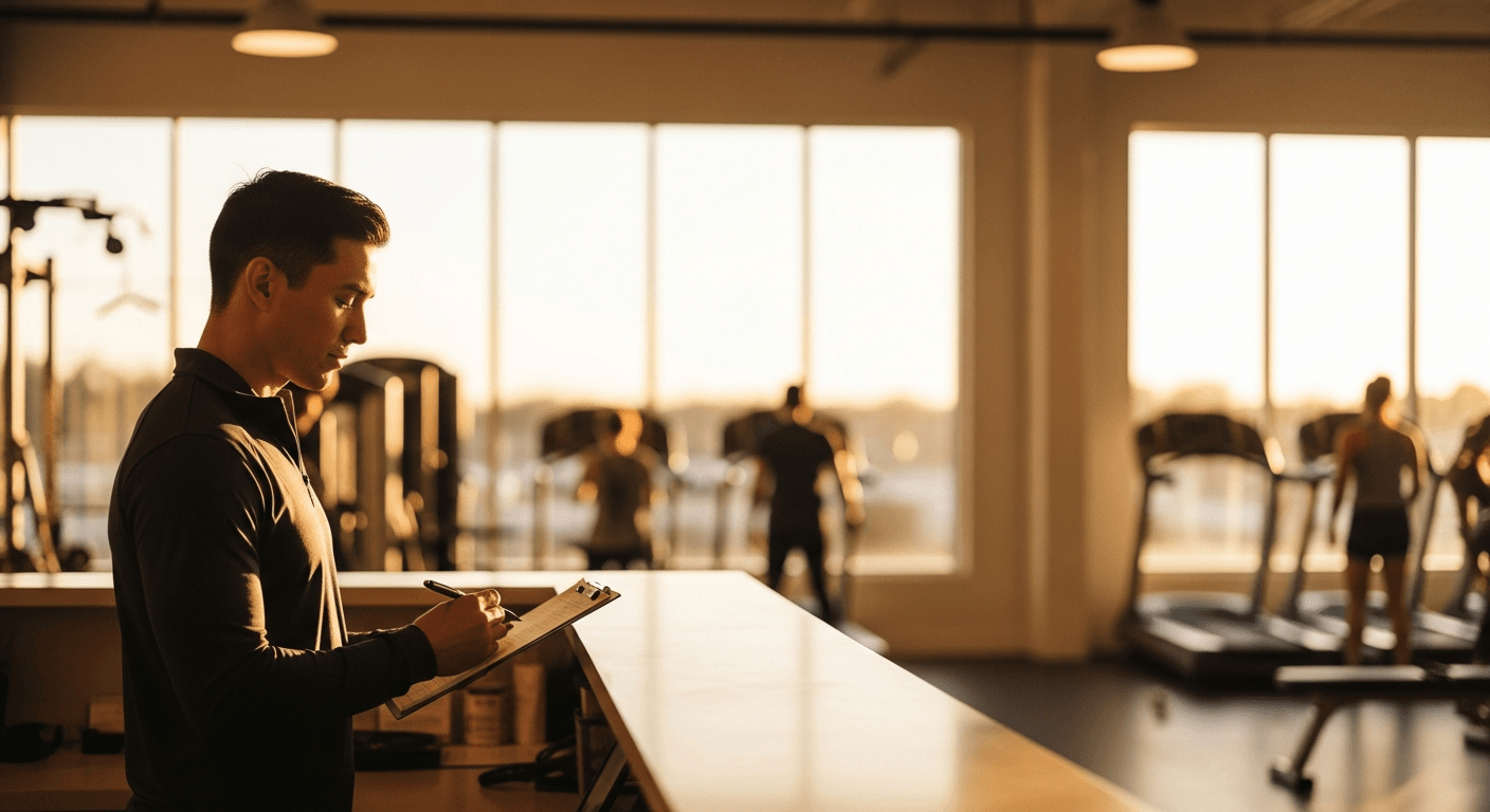 Gym manager reviews clipboard at warm front desk bathed in golden hour light.