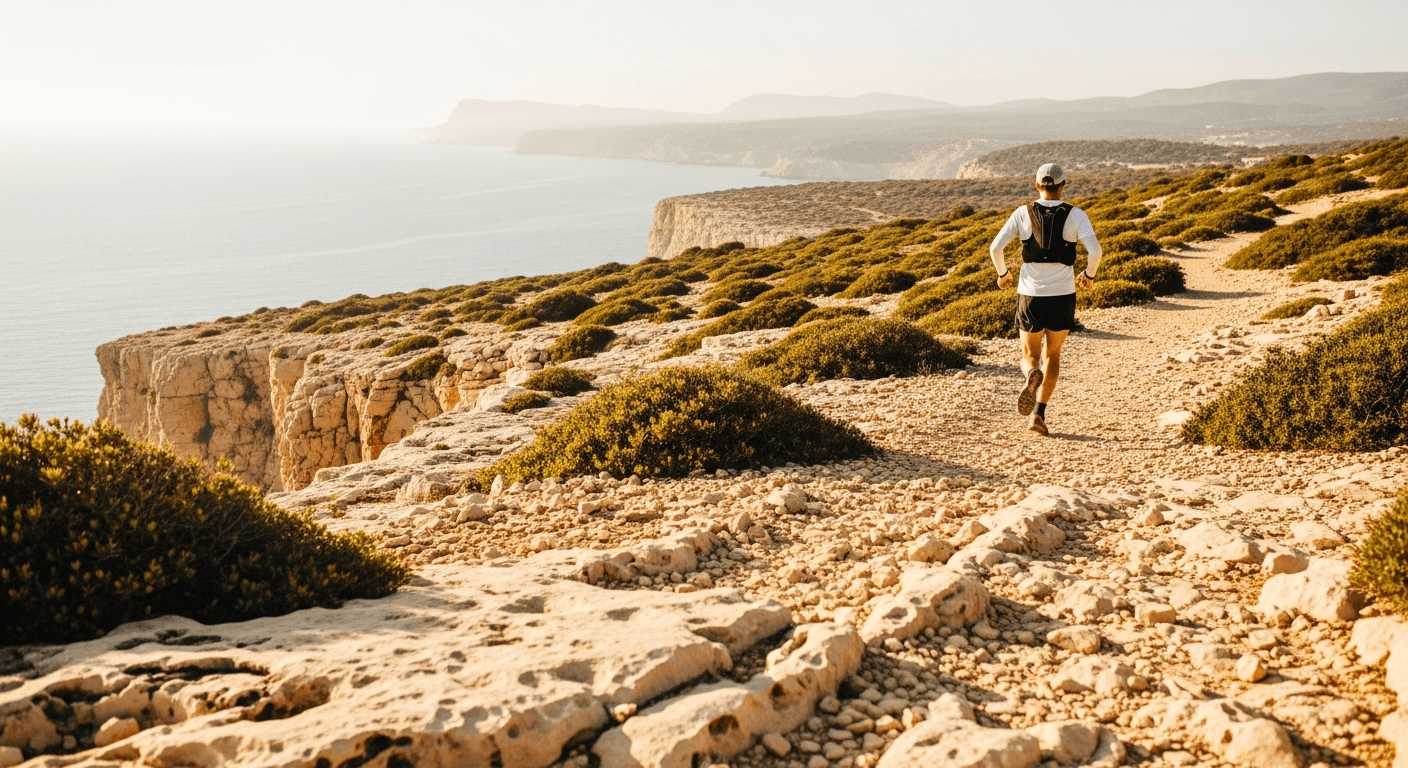 Trail runner mid-stride on a rugged limestone coastal path overlooking the Mediterranean Sea.
