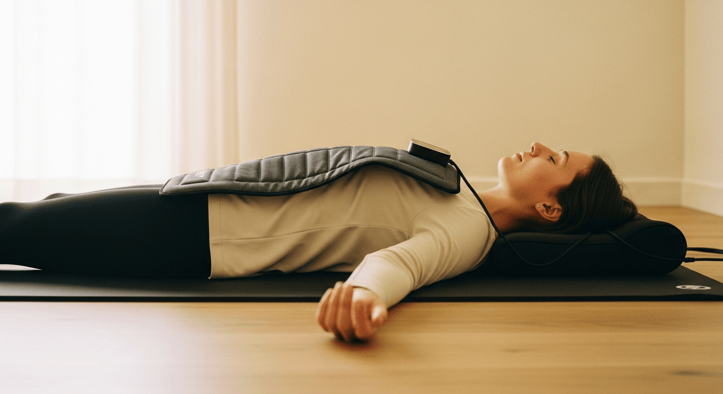 Person lying on a recovery mat with PEMF therapy pad in soft, warm natural light in a minimal wellness room.