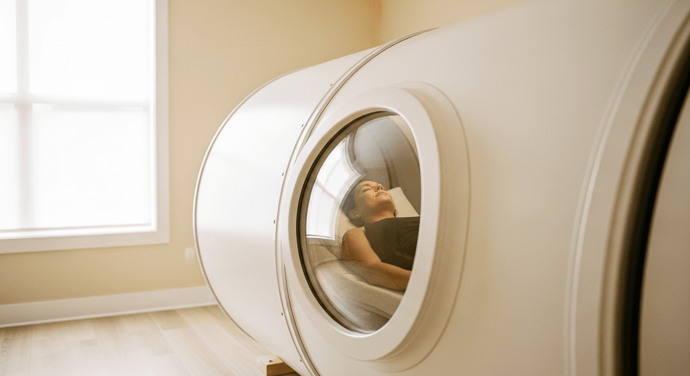 Patient lying inside a white cylindrical hyperbaric chamber in a wellness clinic with natural light.