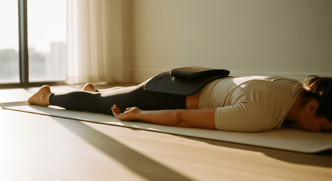 Person lying on mat with PEMF recovery device on lower back, bathed in soft golden light.