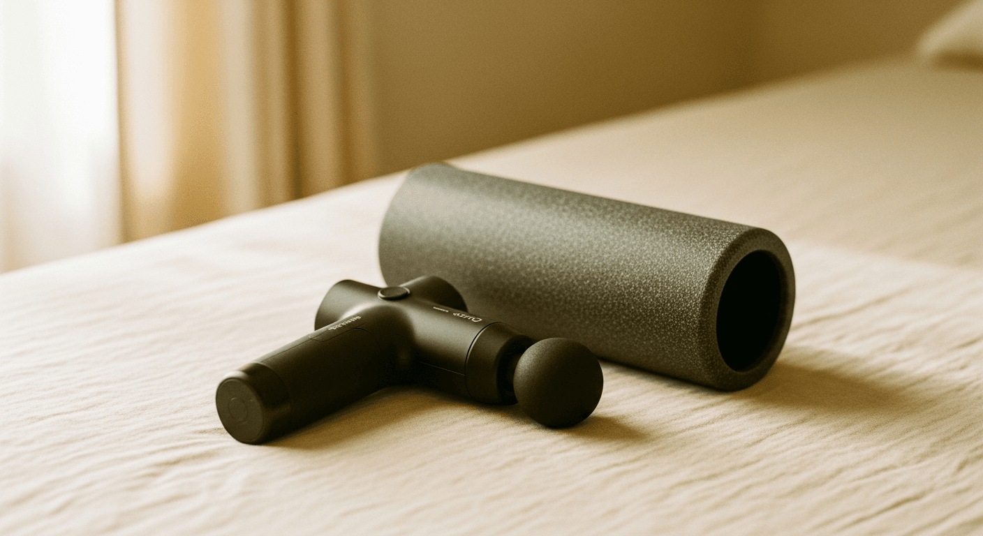 A sleek massage gun and humble foam roller sit side by side on warm cream linen.