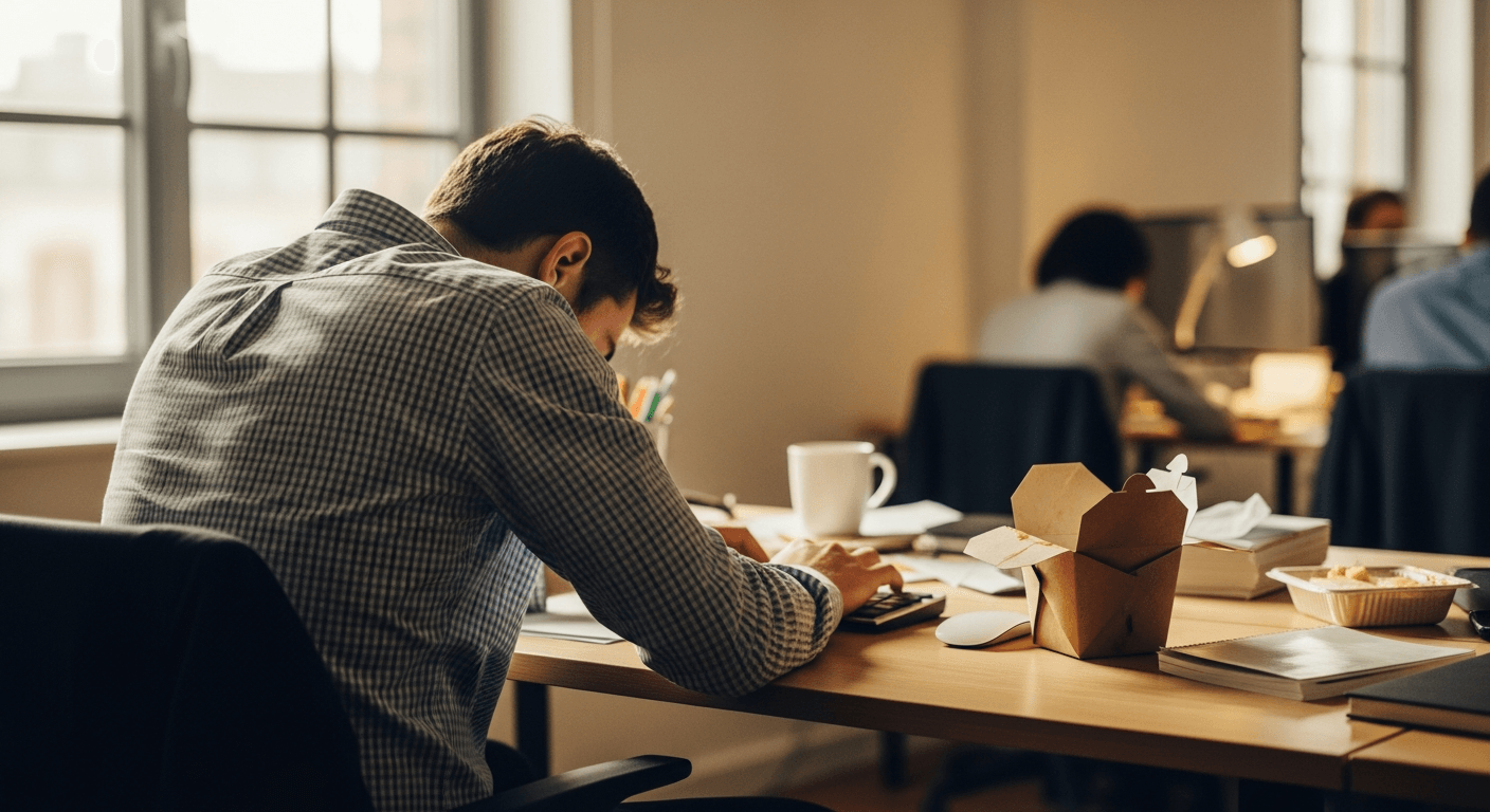An exhausted employee slumped at a cluttered desk, displaying fatigue and sedentary posture in a sunlit office.