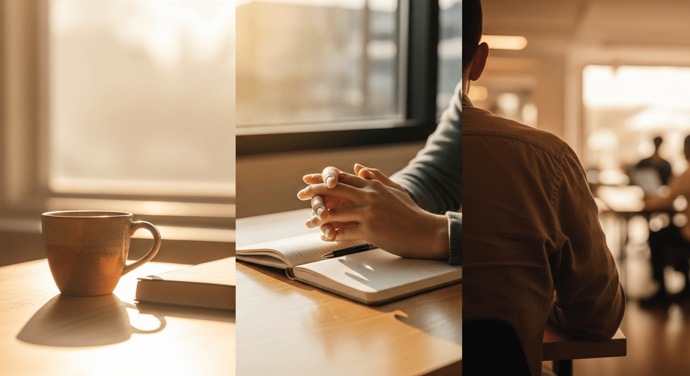Three work environments in golden light: home desk corner, open hands at café table, blurred open-plan office receding in background.