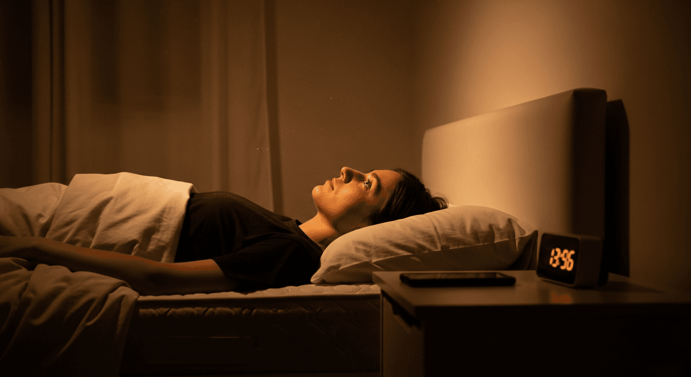 Person lying awake in bed at night staring at ceiling, bathed in warm golden ambient light and shadow.