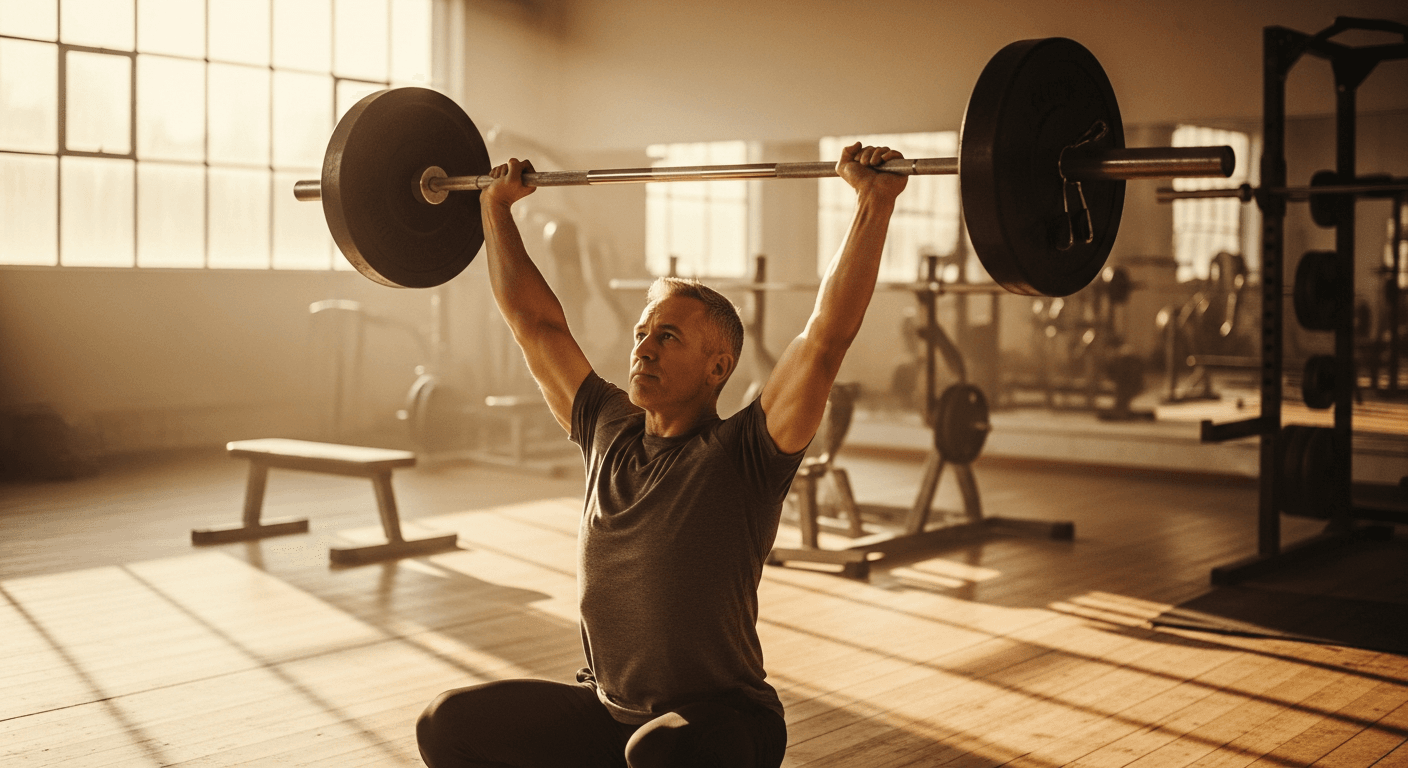 Athletic man in his forties performing overhead barbell press in sunlit gym with warm golden light.