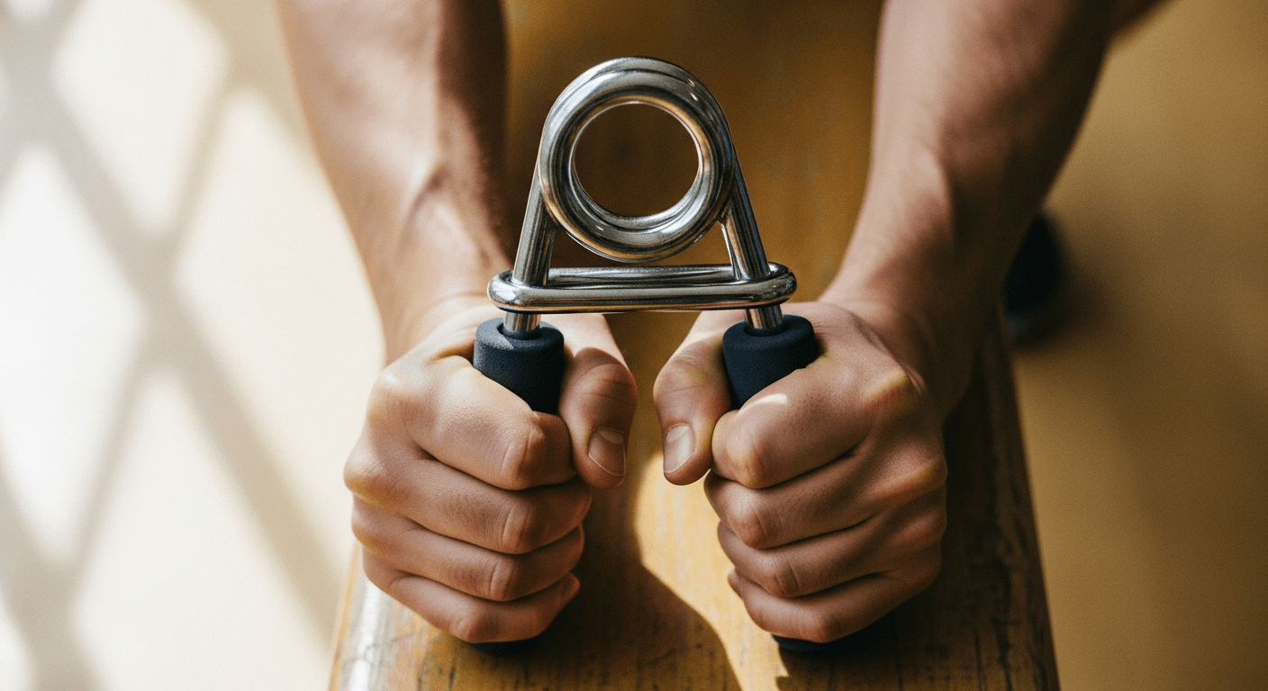 Bare hands with white-knuckled grip squeeze a steel pinch grip tool on a wooden gym bench in natural light.