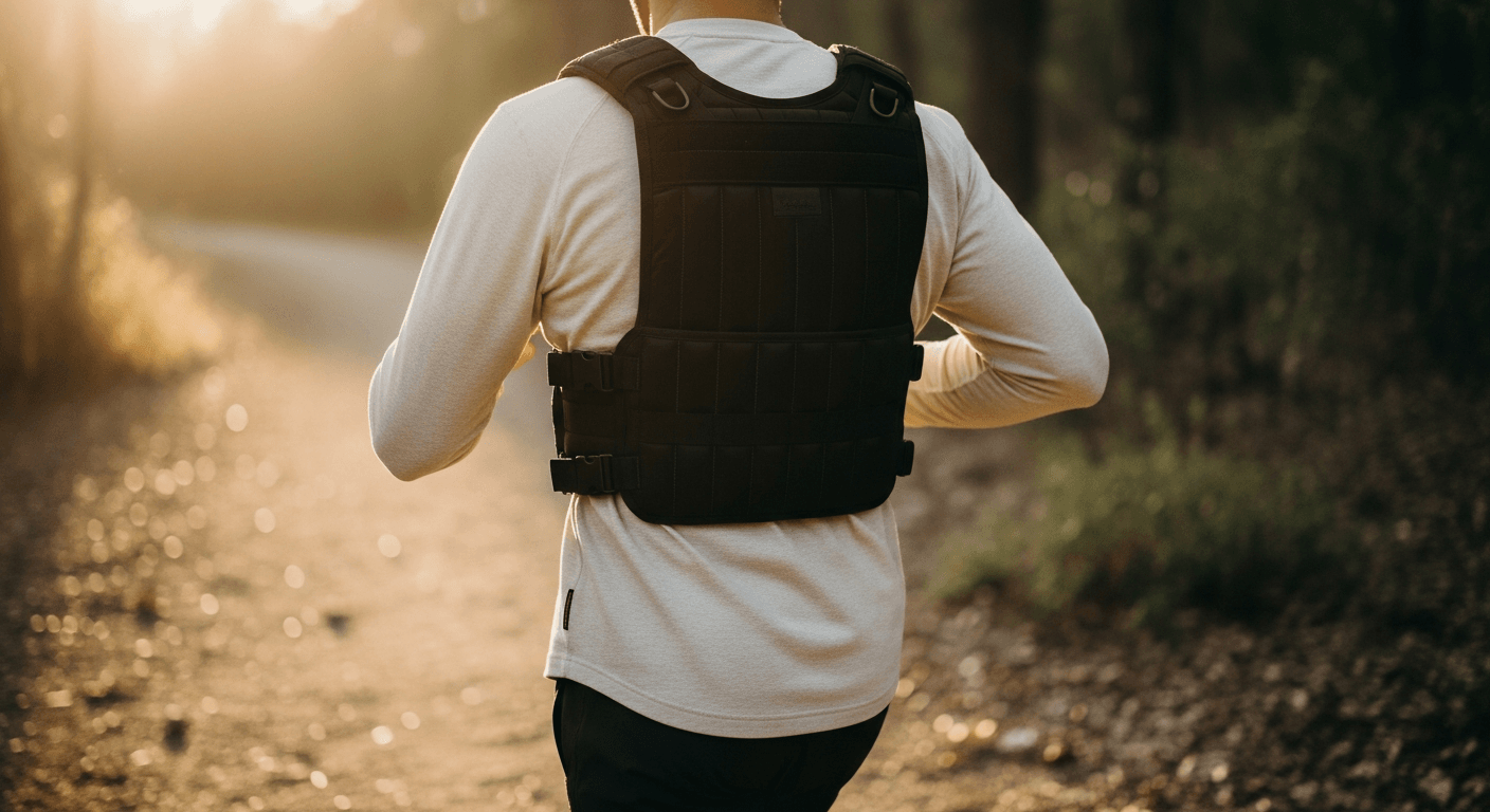 Person jogging on a trail wearing a black weighted vest, shot from behind in golden-hour light.