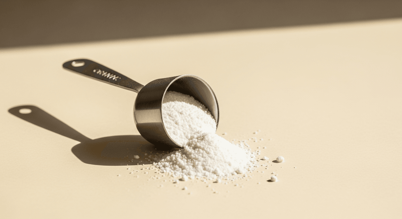 A metal measuring scoop overflowing with white creatine powder and scattered granules on a warm cream surface.